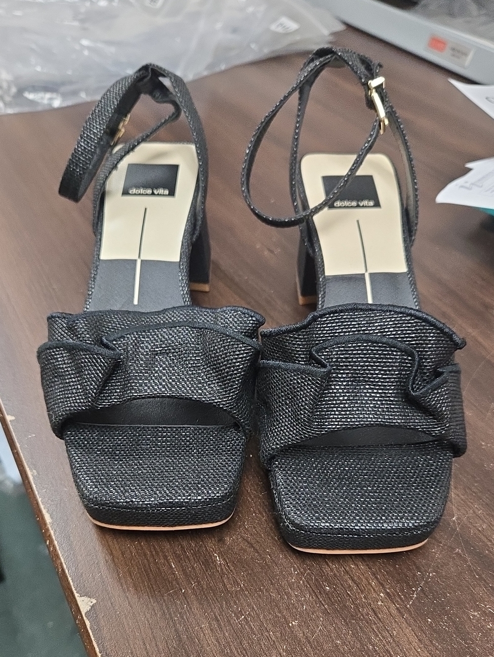 Dolce Vita Size 7.5 Black Ruffle Ankle-Strap Block Heel Sandals